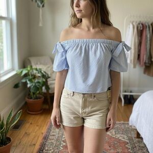 INC International Concepts Stripe Off the shoulder Blouse Top Bow Sleeve blue